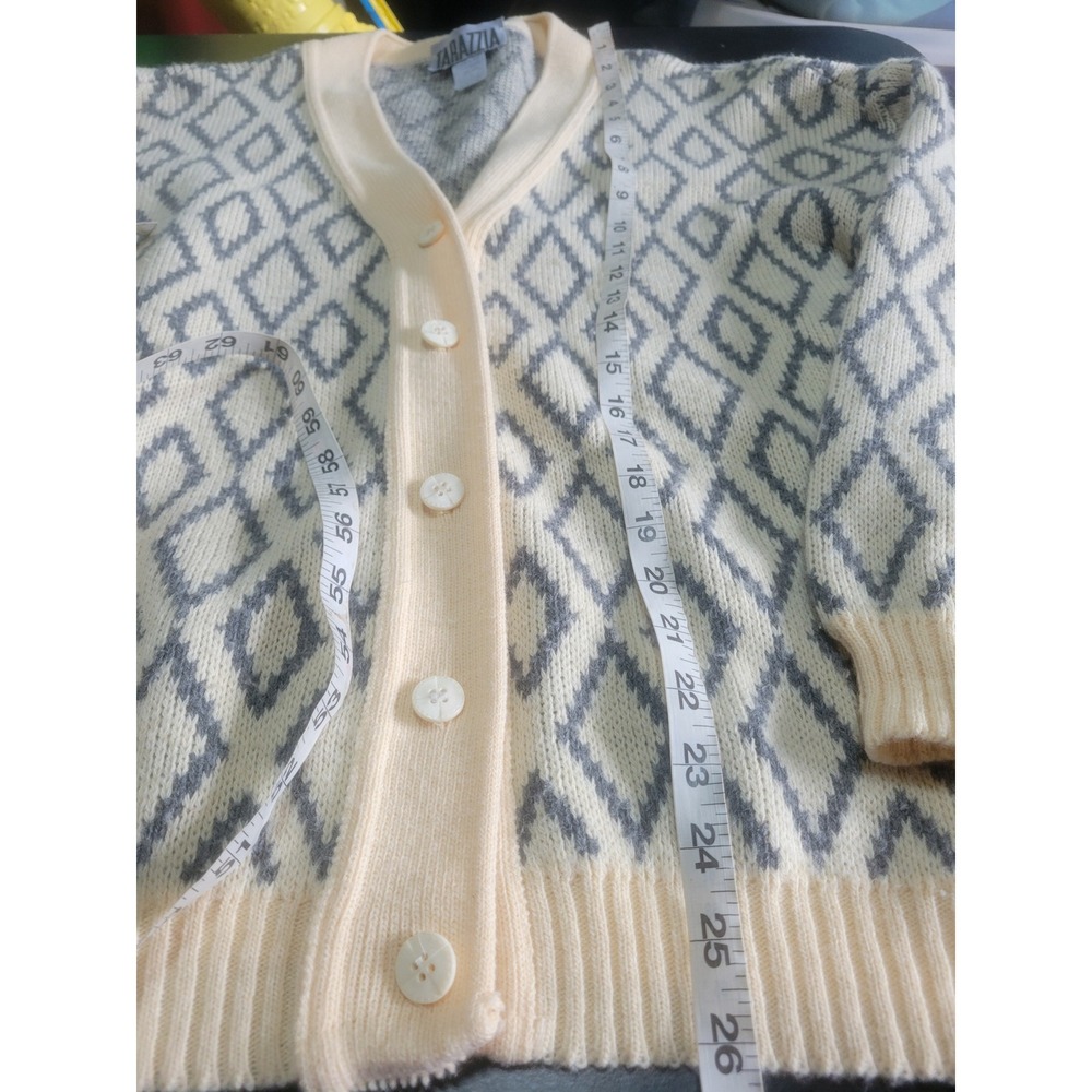 Tarazzia Vintage Made in Italy Wool Blend Diamond Knit Cardigan Sweater Cream S